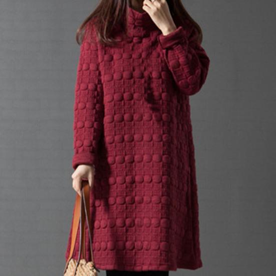Lady Dress Solid Color Stand Collar Casual Loose Knee Length Winter Dress for