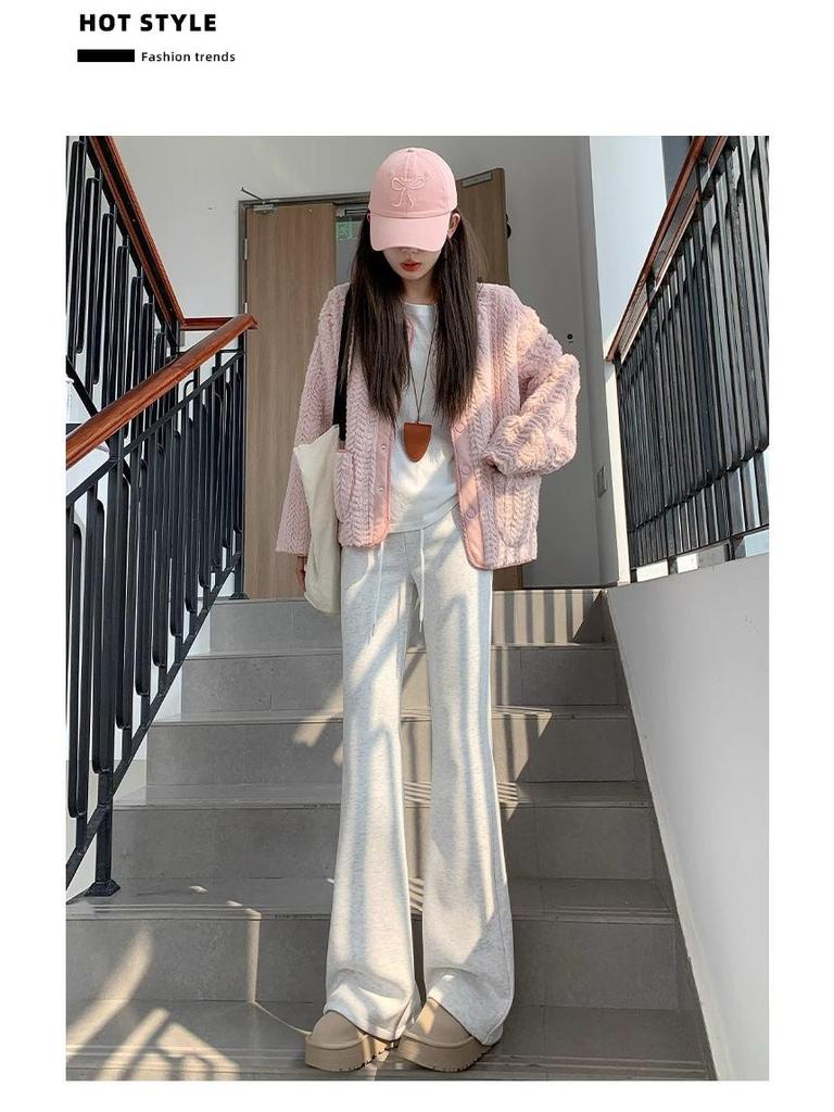 New Women's High-Waisted Drawstring Flare Pants - Slimming, 145cm, Ideal for Spring and Autumn