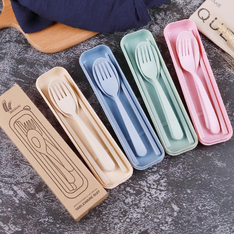 Wheat Straw Tableware Set: Chopsticks, Spoon, Fork with Cute Portable Box