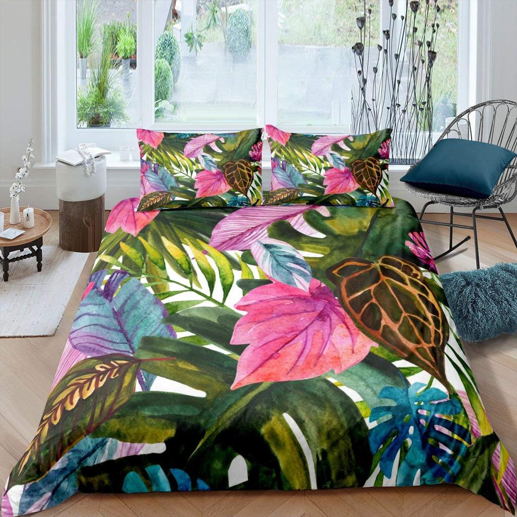 Dark Green Boho Duvet Cover Tropical Botanical Bedding Set Abstract Mid Century Palm Leaf Comforter Covers Plant Home Room Decor