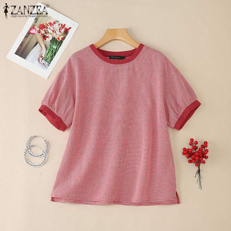 ZANZEA Women Casual Round Neck Grid Print Summer Short Sleeve Blouse