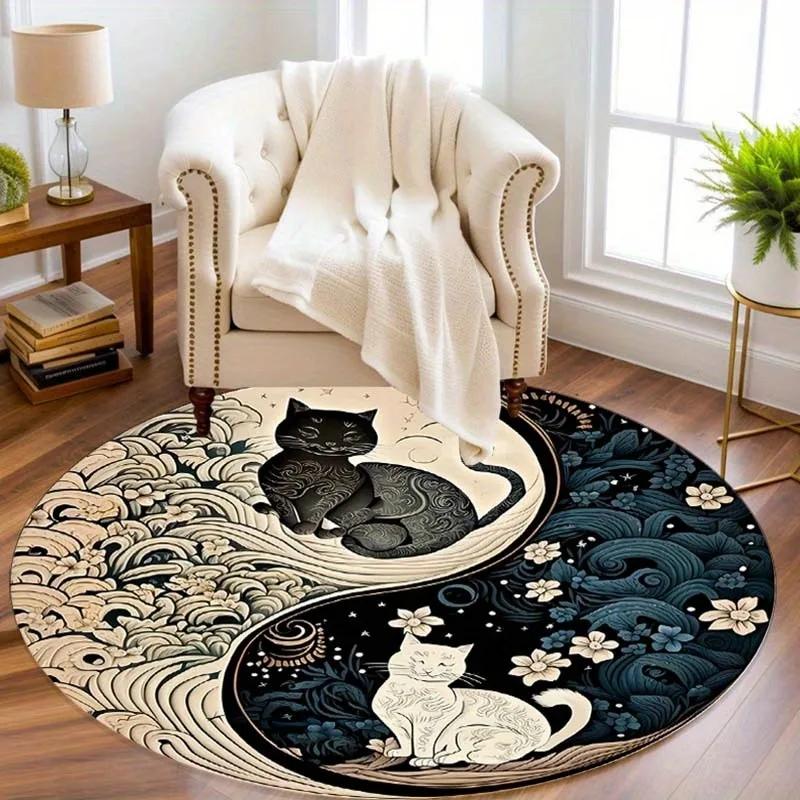 Yin Yang Round Rug Non-Slip Machine Washable Rug with Sakura Goldfish Dragon Lion Cat Tree Design for Living Room Bedroom