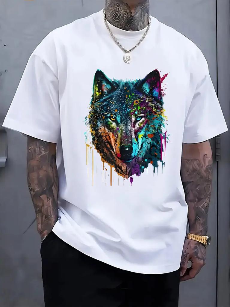 Colorful Splatter Wolf Head Graphic T-shirt - Regular Fit Casual Short Sleeve Round Neck Tee for Summer