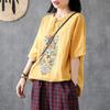 Vintage Embroidered Loose Fit V-neck Short Sleeve Cotton Linen T-Shirt Women Top