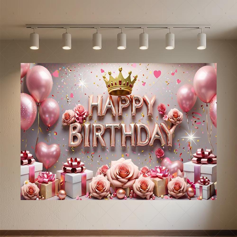 Crown Pink Balloons Background Banner Girls Birthday Party Decorations Flower Photography Backdrop Supplies Photo Shoot Props