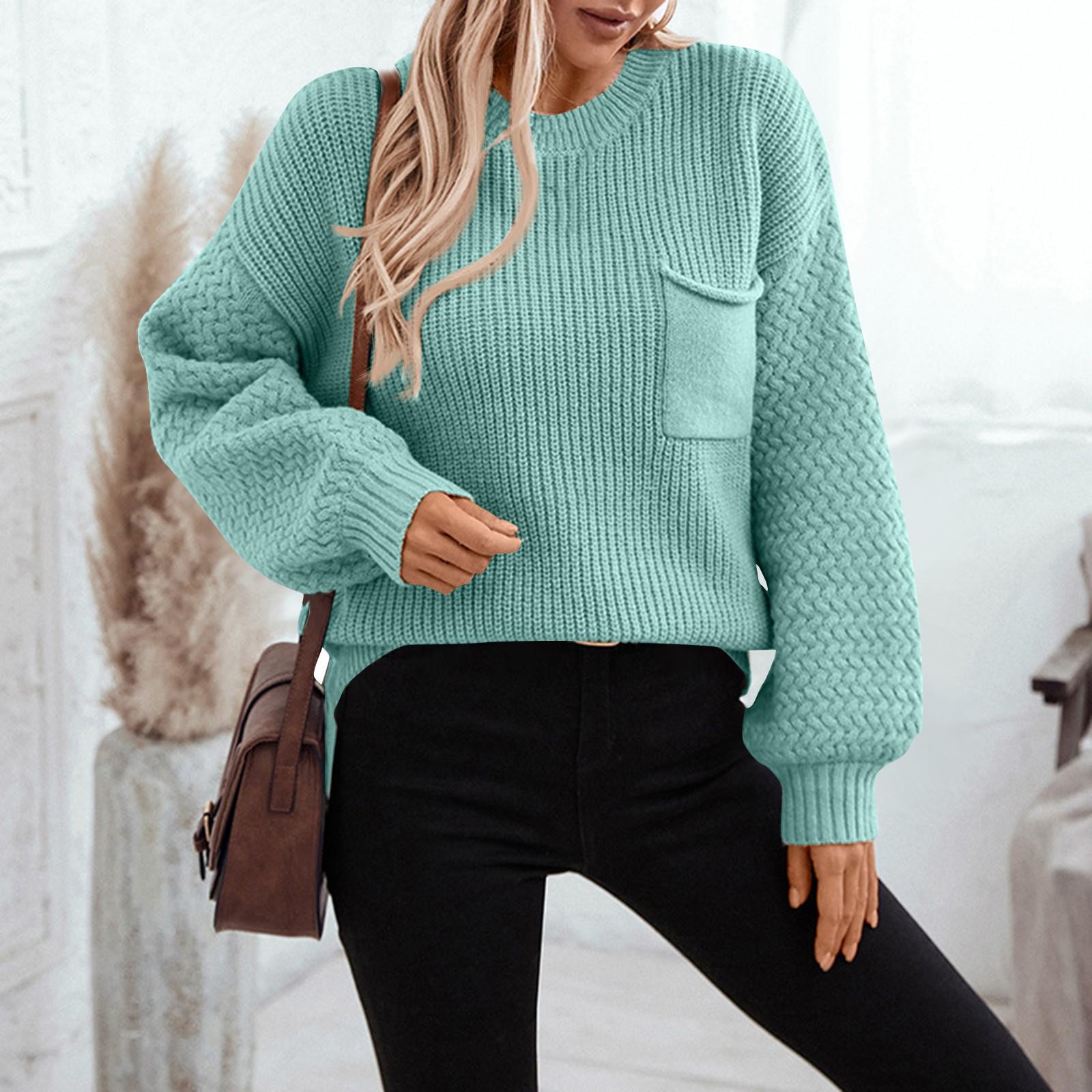 Осенне-зимний круглый вырез свободный карман вязаный кардиган рукав свитер L зелёный 2575₽