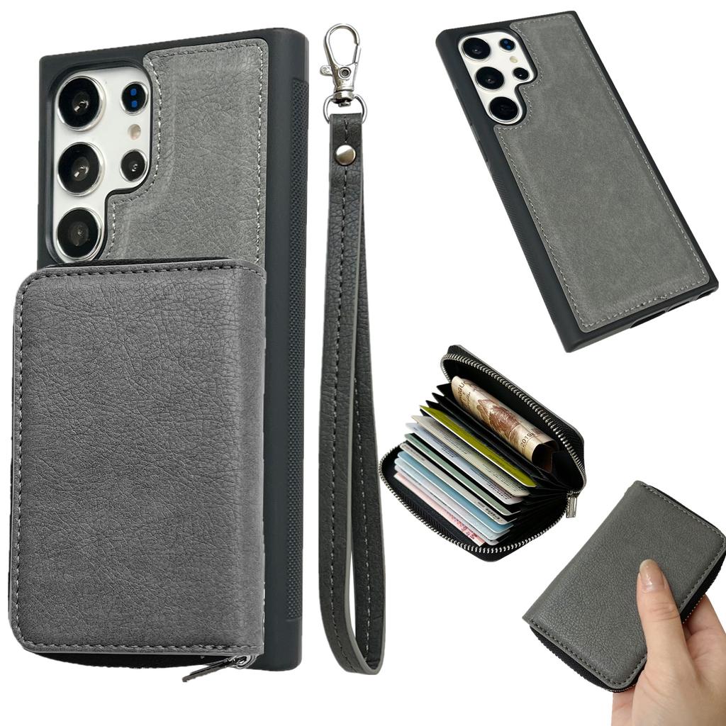 For Samsung Galaxy S25 Ultra Case Detachable Zipper Card Bag PU TPU Kickstand Phone Case with Strap