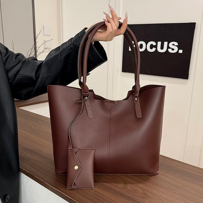 Women Large Capacity Solid Color Casual Pu Shoulder Tote Bag For Daily Use