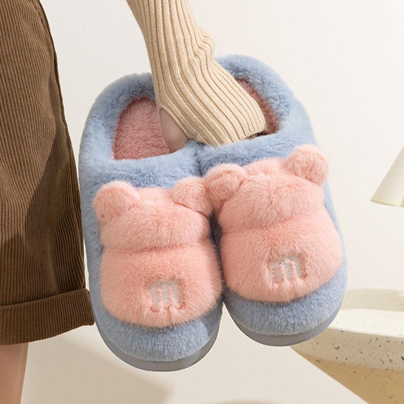Fashion Bear Winter Fluffy Slippers Women Couples Household Warm Home Slippers Woman Thick Sole Non-Slip Cotton Shoes Ladies
