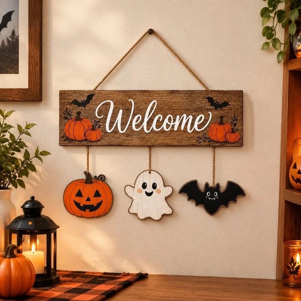2D Flat Pumpkin Ghost Bat Wood Plaque Wear-Resistant Rustic Welcome Board Pendant Home Outdoor Use