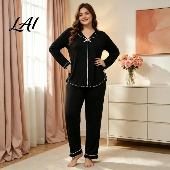 Breathable House Clothes for Ladies Women's Plus Size Pajama Set Long Sleeve Top And Pants Cozy Loungewear Women with Bow Ruffle 2 Piece Soft