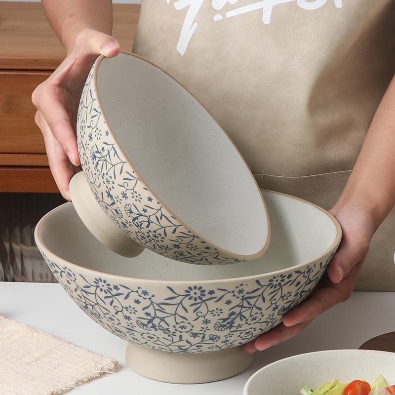 Round Rough Pottery Lamian Noodles Bowl Japanese Style Retro Household Bamboo Hat Bowl Ceramic Anti Scalding Bowl Tableware
