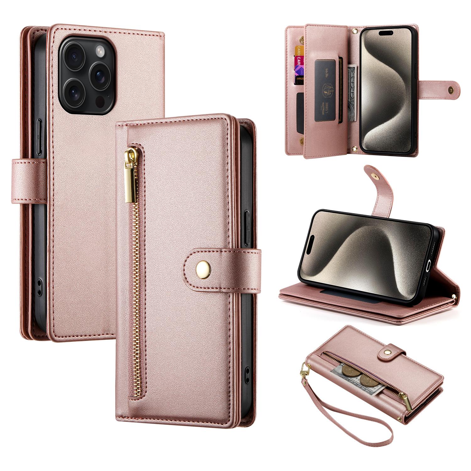 

DF-011 Для iPhone 15 Pro Max Кожаный чехол Кошелек на молнии Сумка через плечо Чехол для телефона Подставка для просмотра B