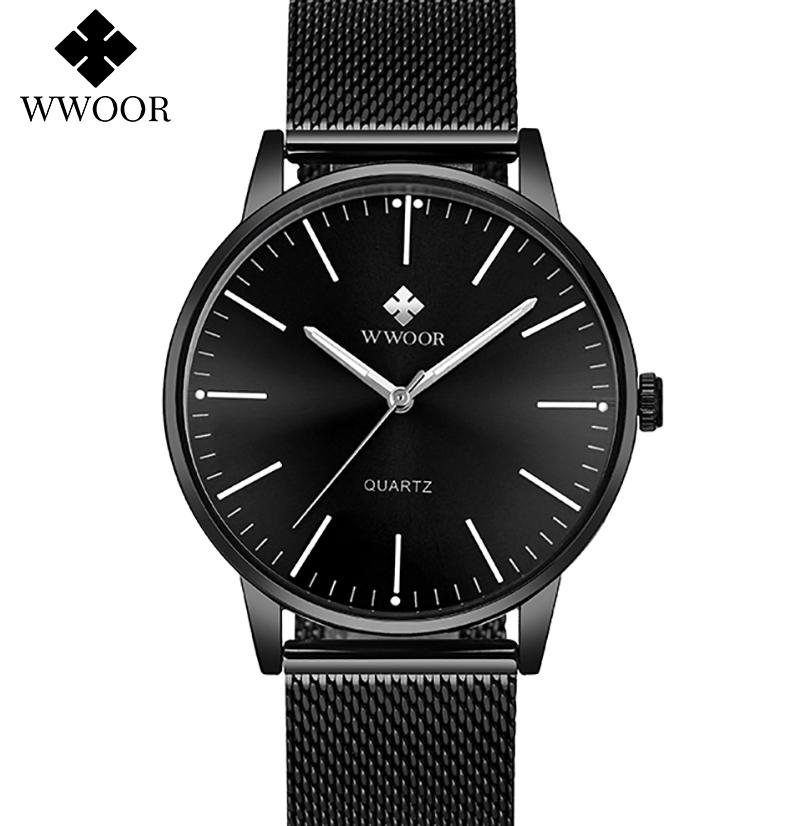 WWOOR Gold Watches Ultra Thin Simple Men Quartz Watches Waterproof Mesh Belt Full Stainless Steel Wristwatch