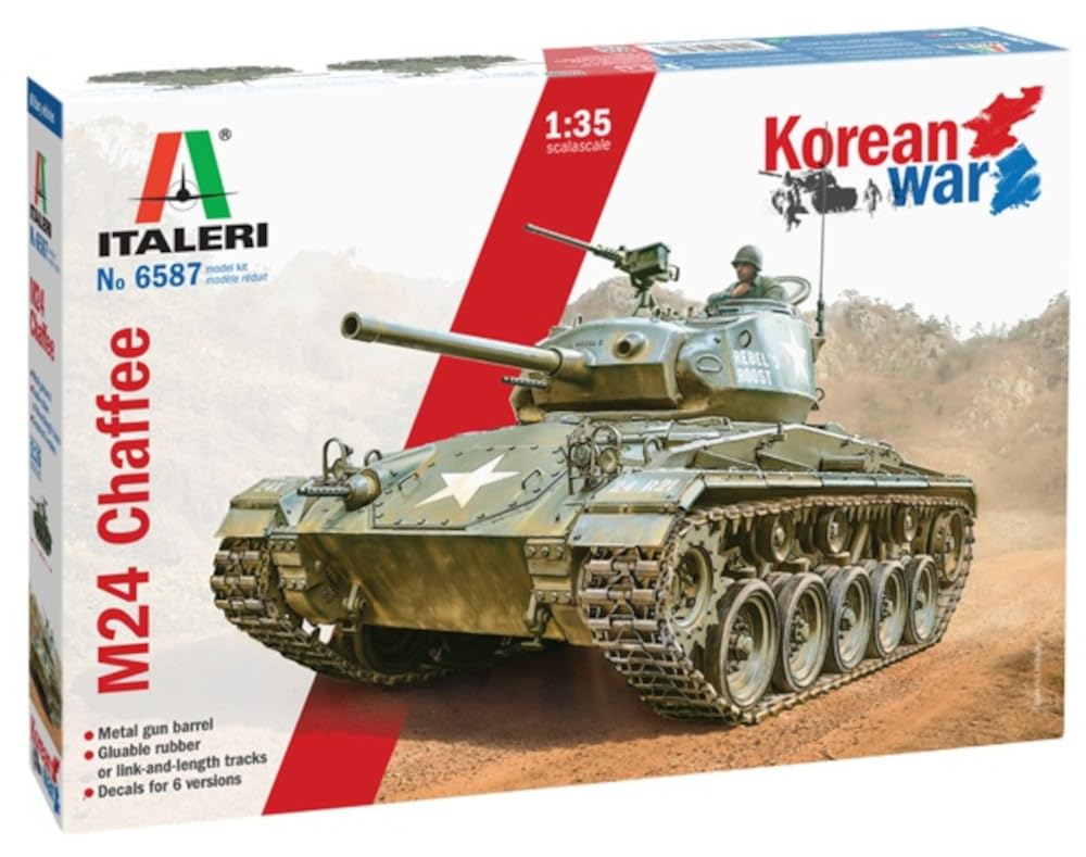 PLATZ Italeri 1/35 Scale Liberal M24 Chaffee Light Tank, Korean War, Aluminum Barrel, 6 Markings Included, Plastic Model Kit IT6587 (Tank)