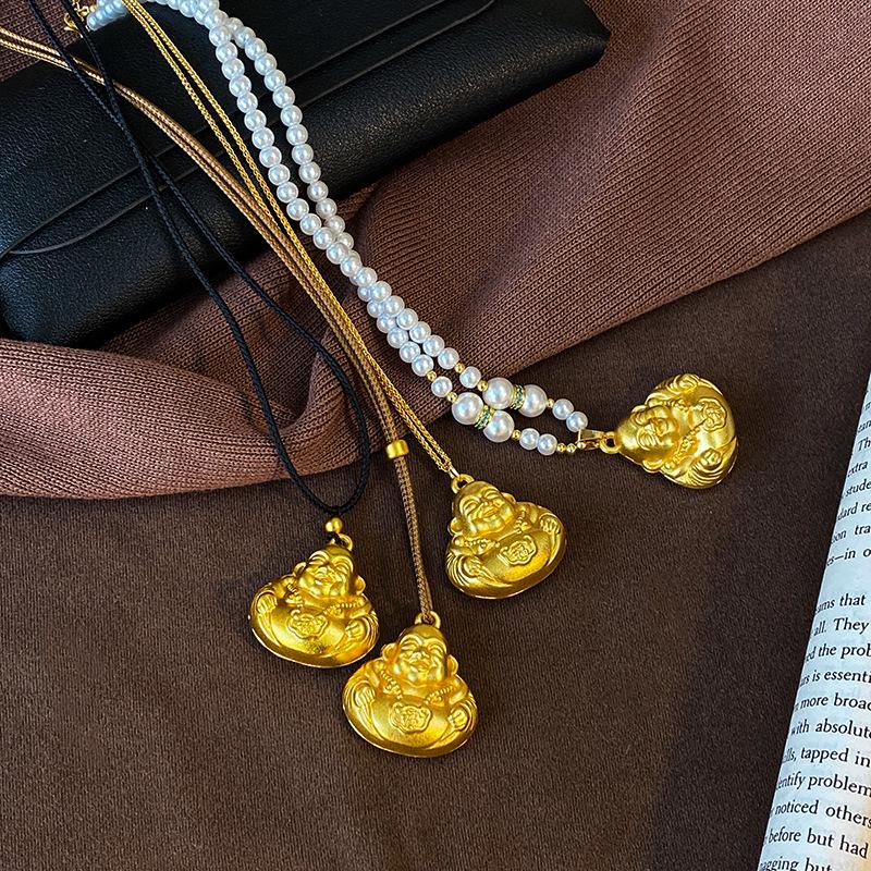 Gold Maitreya Buddha Necklace: Stylish Sand Gold Pendant Sweater Chain – Luxury Fashion Accessory for Women