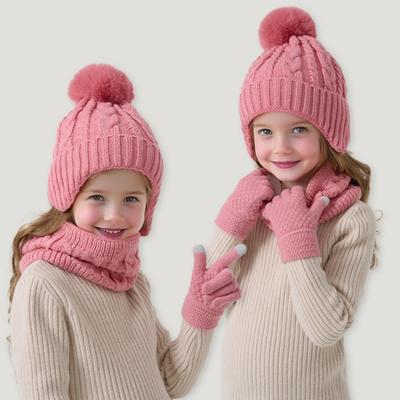 3Pcs/Set Kids Hat Scarf Gloves Set Colorful Twist Texture Hat Thickened Plush Lining Neck Gaiter Knitted Gloves Set