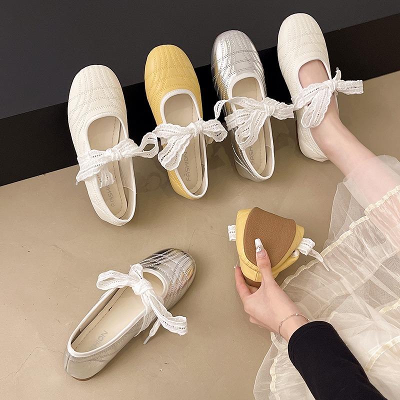 Silver Ballet Style Round Head Inner Height Increase Flat Bottom Shallow Mouth Single Shoes Women's Summer New Versatile Mary Jane Shoes