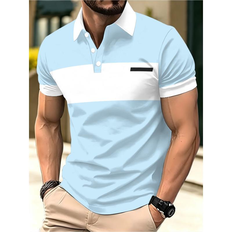 Men's Polo Shirt Short Light Blue White Striped Polo Shirt, Suitable for Summer Casual