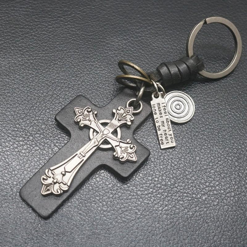 Unique Crucifix PU Leather Keychain Religious Key Ring Bag Pendant for Daily Use Trendy Punk Inspired Key Accessory