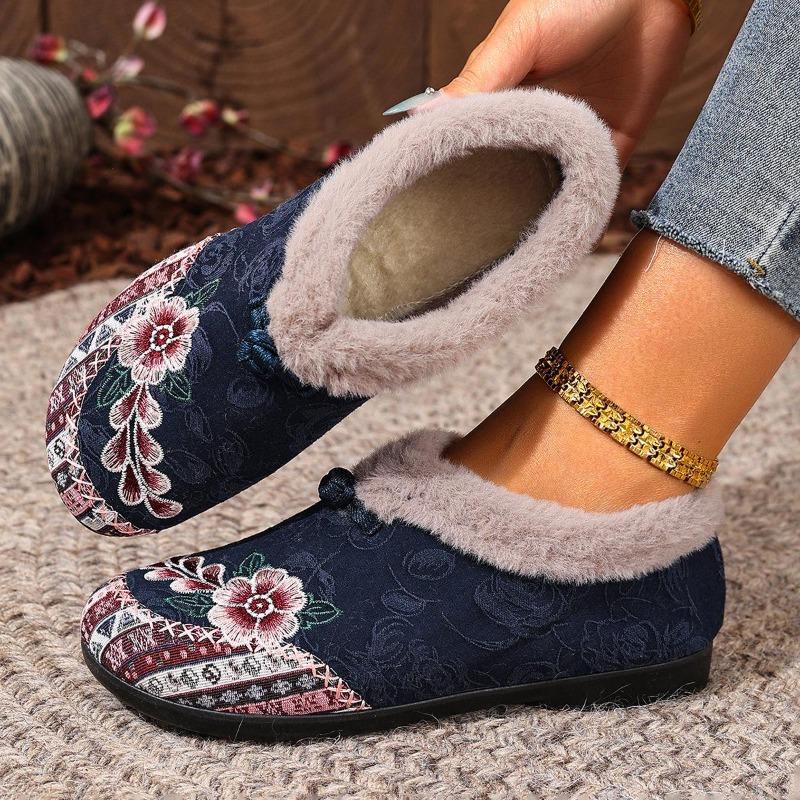Womens Slip on Winter Shoes Thickened Warm Lined Cushioned Sole Floral Pattern Low Heel Round Toe Ankle Boots with Plush Lining