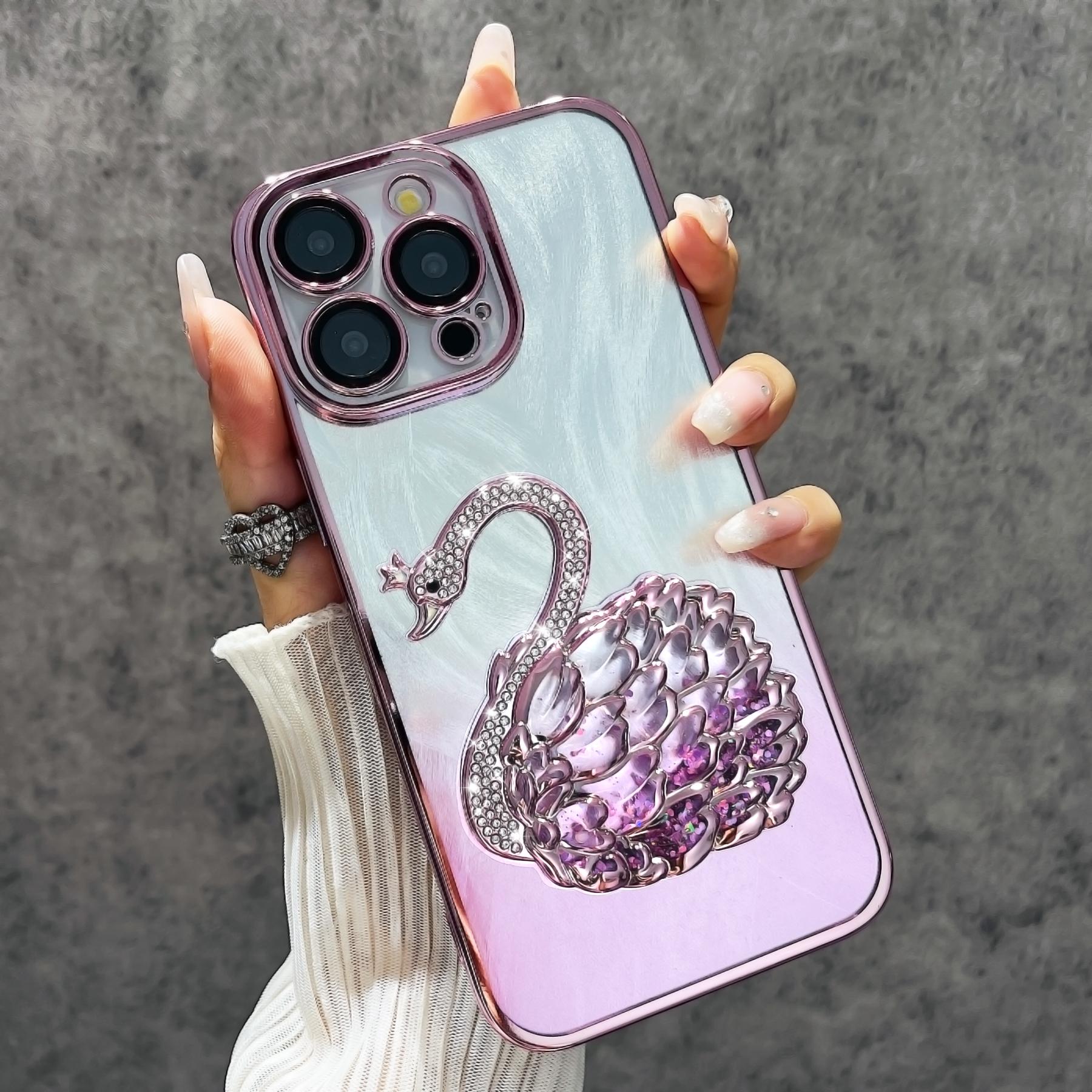 

For iPhone 14 Pro TPU Phone Case Quicksand Swan Feather Yarn Texture Cover with Glass Lens Film Pink