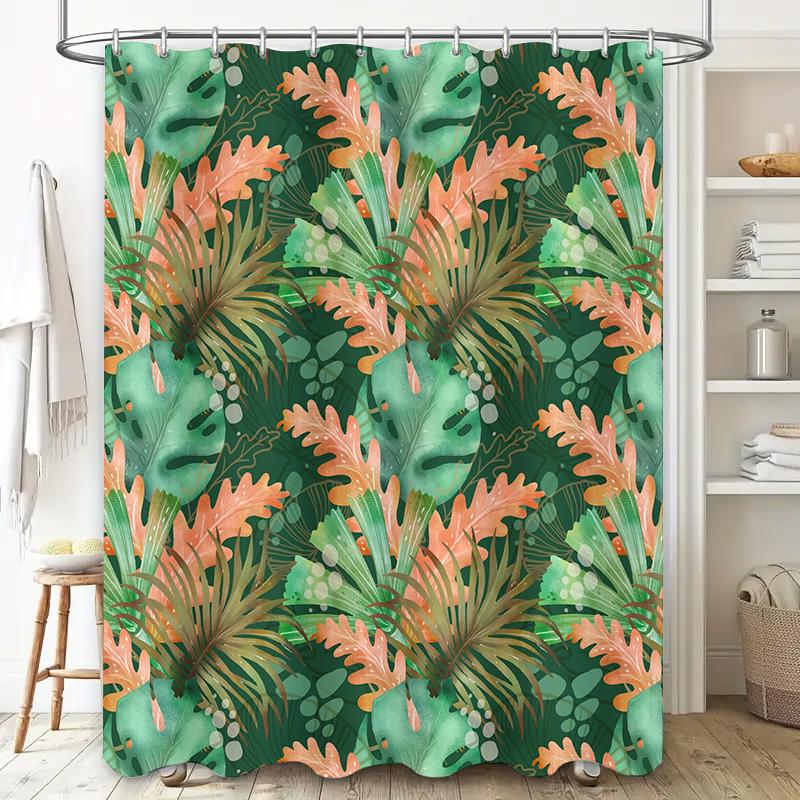 Vibrant Tropical Leaf Shower Curtain for Bathroom Decor Rustic Green Peach Floral Pattern Waterproof Fabric Size 180cm x 240cm O