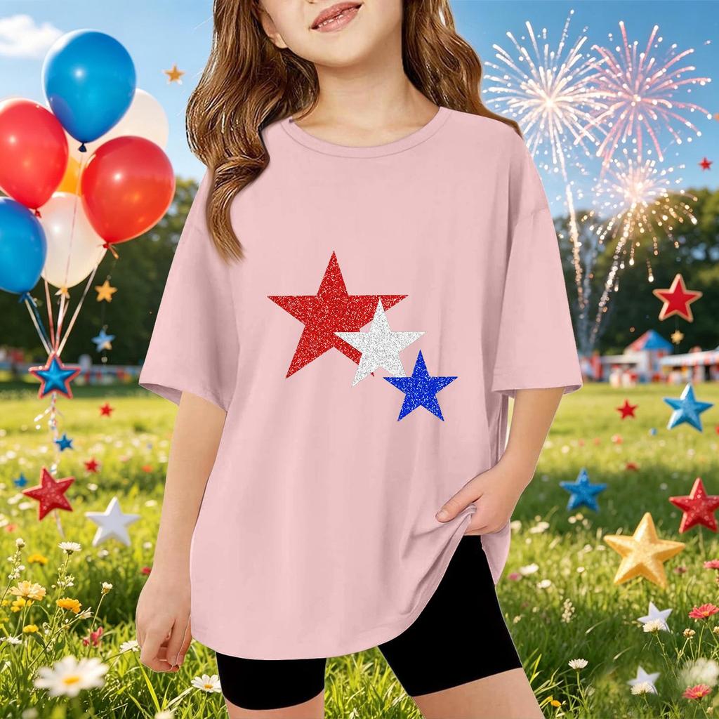 Kinder Kurzarm-T-Shirt mit Sternenprint Unabhängigkeitstag Oberteil Lässiges Rundhals-T-Shirt für Jungen und Mädchen Sommerkleidung