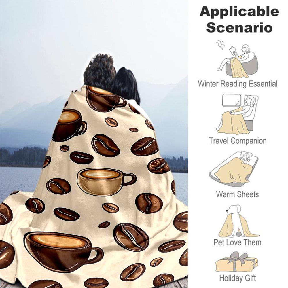 1pc Coffee Beans Coffee Cups Outdoor Flannel Blanket Soft Warm All-Season Throw for Sofa Bed Car Camping Office, Cozy Gift Idea1253S