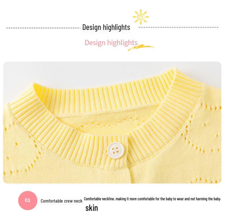 2026 Girls' Baby Bear Hollow Knit Cotton Cardigan: Spring/Summer, Lightweight, Long Sleeve, Airy Knit