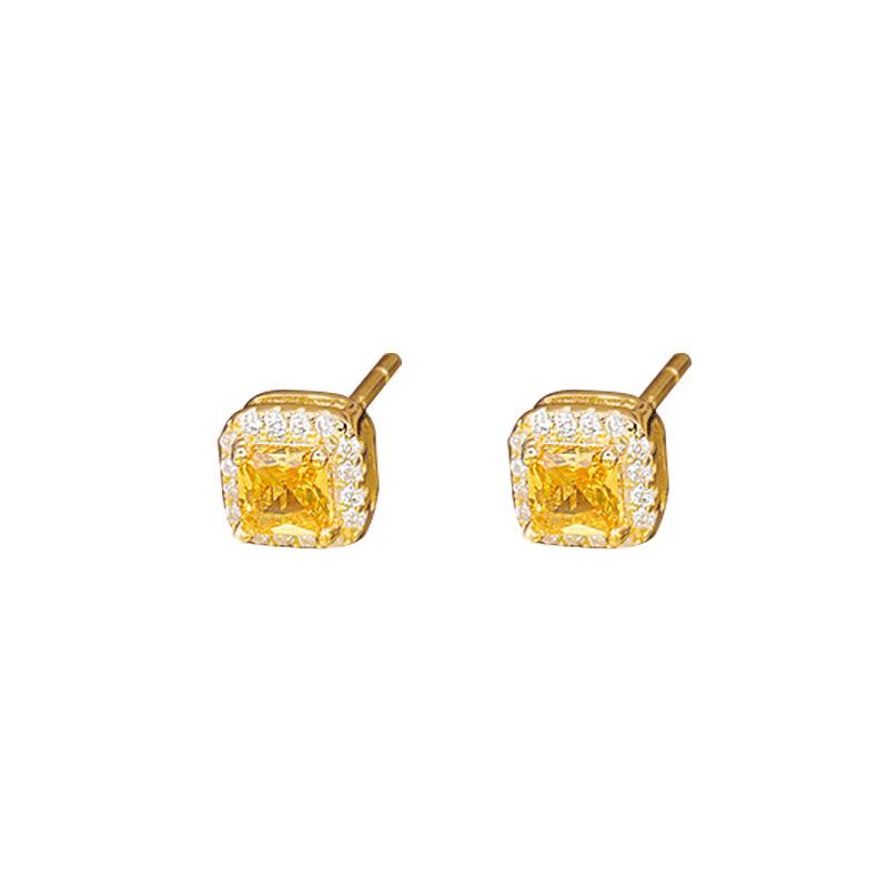 S925 Sterling Silver Yellow Diamond Square Ring with Citrine, Women's Gold Tone, Fashionable Light Luxury Jewelry