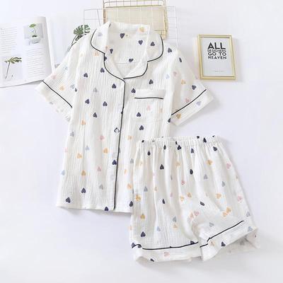 Japon yaz yeni bayanlar pamuklu gazlı bez kısa kollu şort pijama takım elbise sevimli kalp şeklinde ince kesit ev hizmeti takım elbise kadın