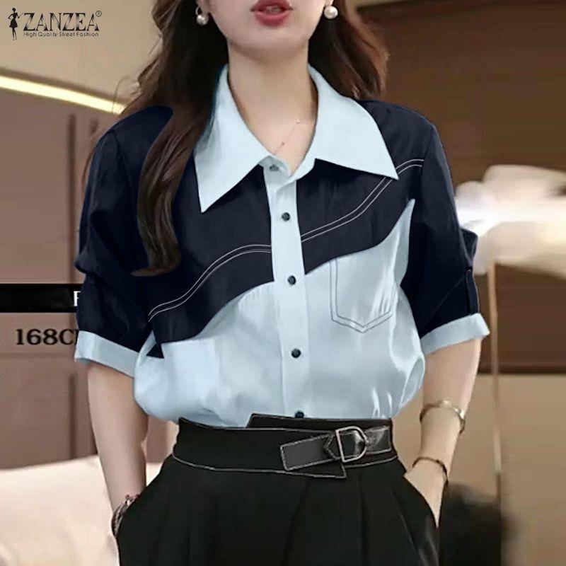 ZANZEA Women Turn Down Collar Casual Short Sleeve Patchwork Blouse