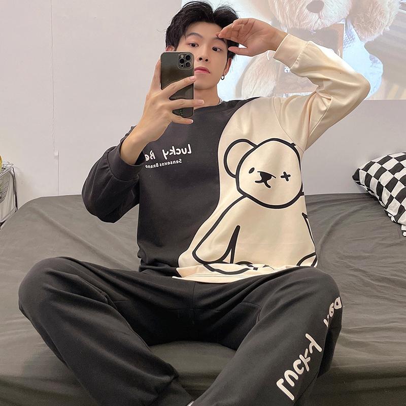 Spring Cotton Men's Pijamas Set Plus Home Clothes Male Nightwear 2Pcs/Set Casual Loungewear Long Sleep Top & Pant