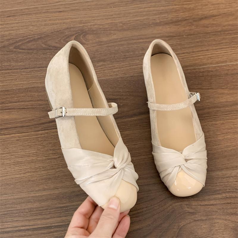 Fashion One Strap Suede Inside Heightened Flats Women's Round Toe Shallow Mouth Pleated Anti-Slip Wear-Resistant Low Top Shoes