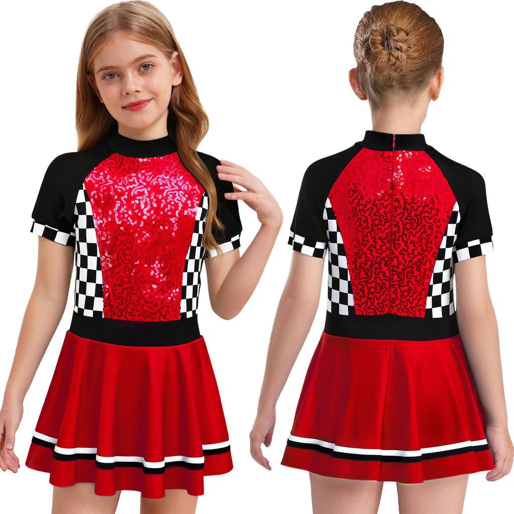 Girls Checkerboard Shiny Sequins Race Dress Mock Neck Short Sleeve Back Invisible Zipper with Built-in Briefs for Halloween Theme Party