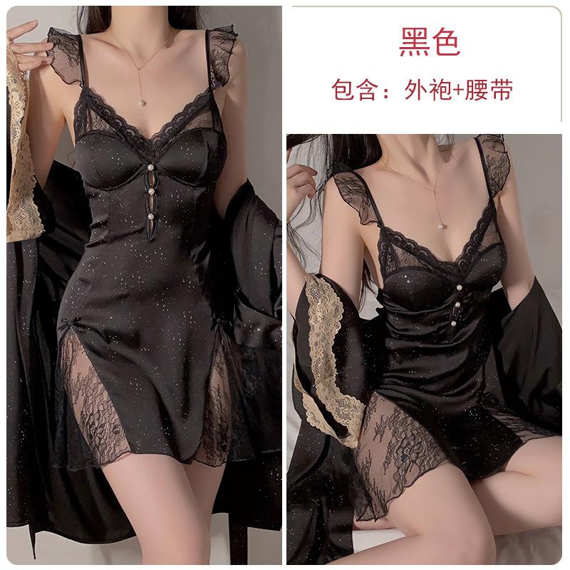 Women's Shimmer Satin Lace Sheer Padded Backless Sleep Dress with Robe Lounge Set