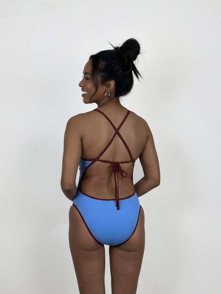Solteu Walnut Pastel Blue Women'S One-Piece Reversible Tie-Back Swimsuit