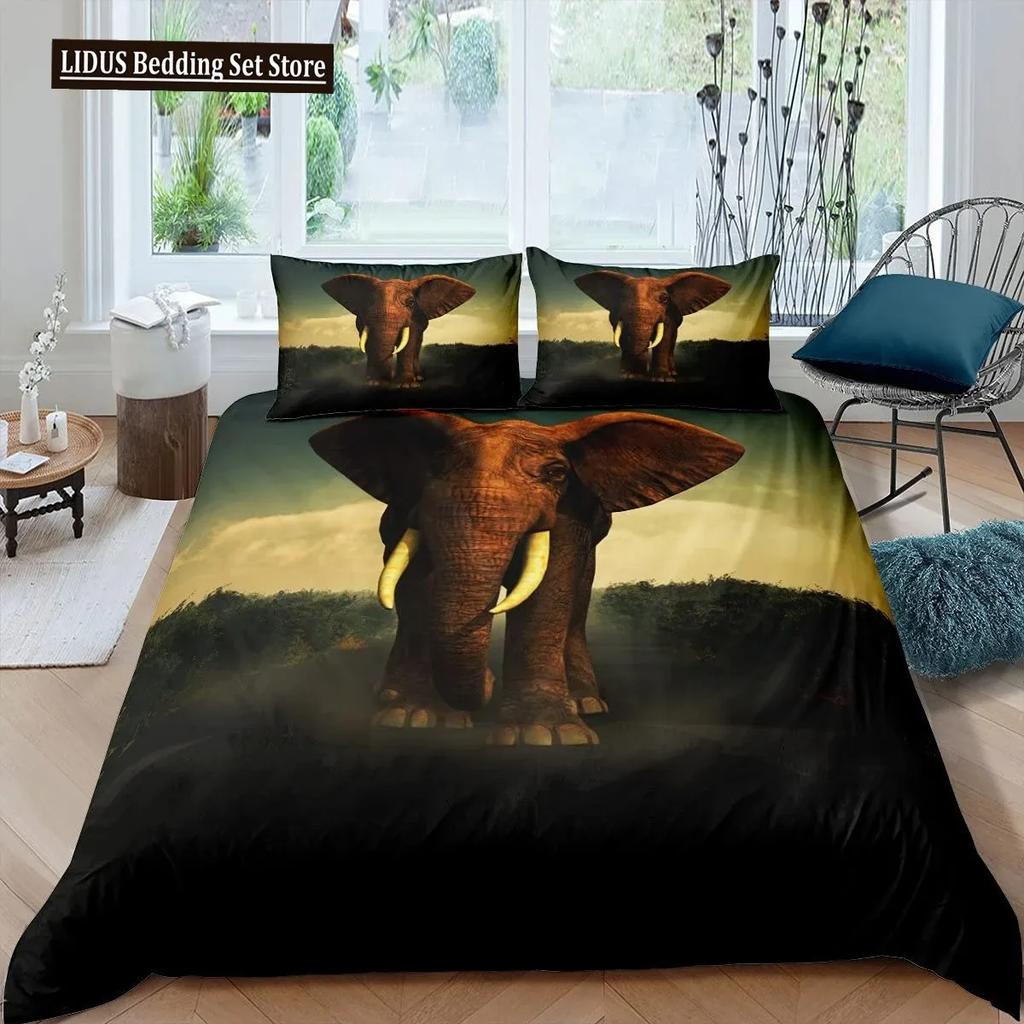 3D Elephant Duvet Cover Set Queen Size African Safari Animal Comforter Set Wildlife Bedding Set Retro Wall Decor Bedspread Cover