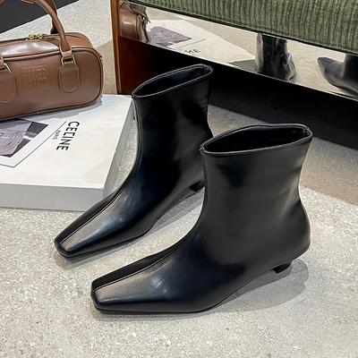 SEXY Black Pointed Toe Cat Heel Mid Calf Boots for Women Soft Leather PU Design Low Heel Wide Mouth French Style Ankle Boots