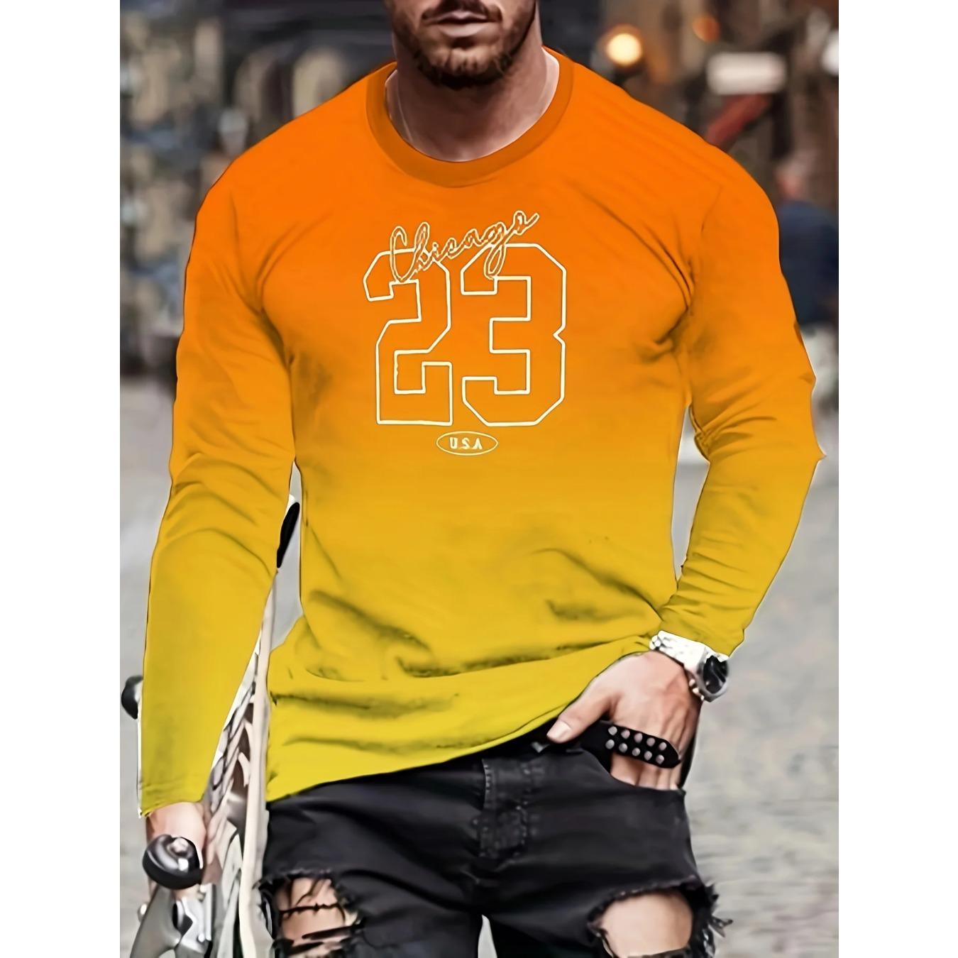 

Spring and Autumn Round Neck 3D Gradient Printed Top Fashionable Casual Long Sleeved Men s T-shirts S
