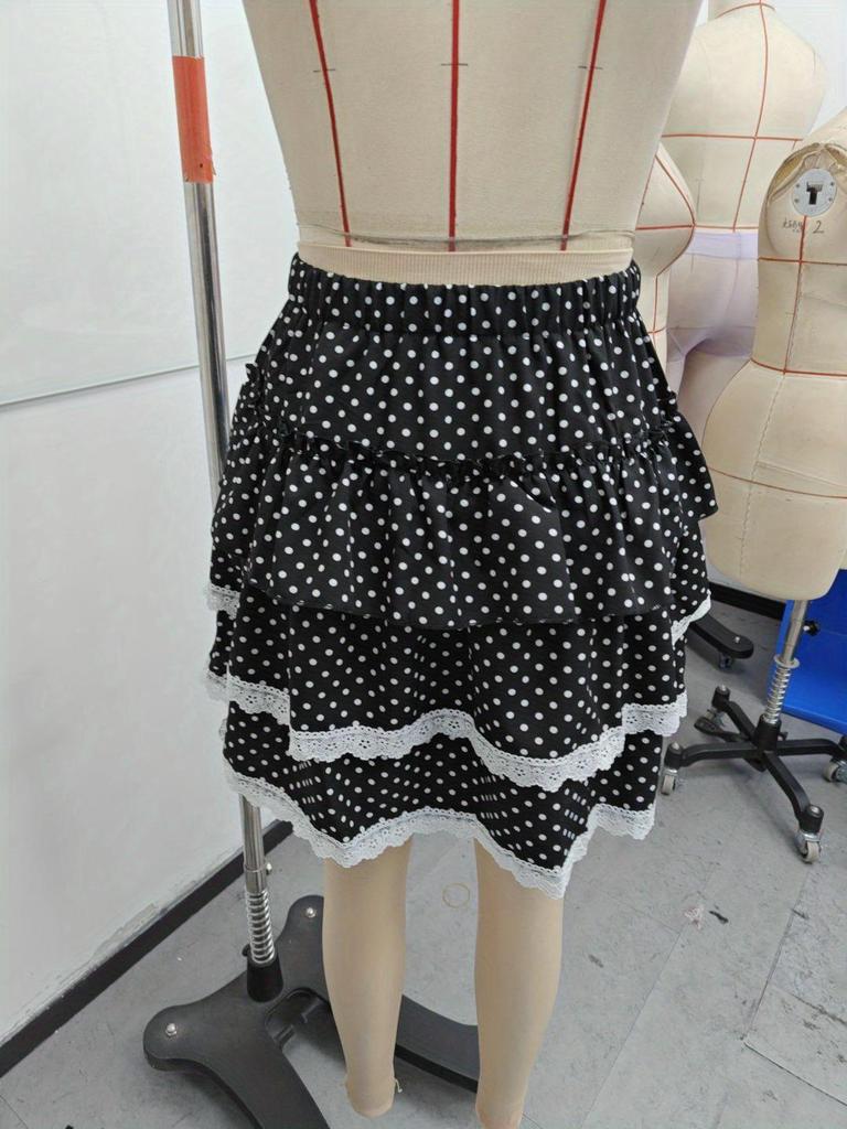 Sweetheart Patchwork Lace Trim Polka Dot Layered A-line Skirt