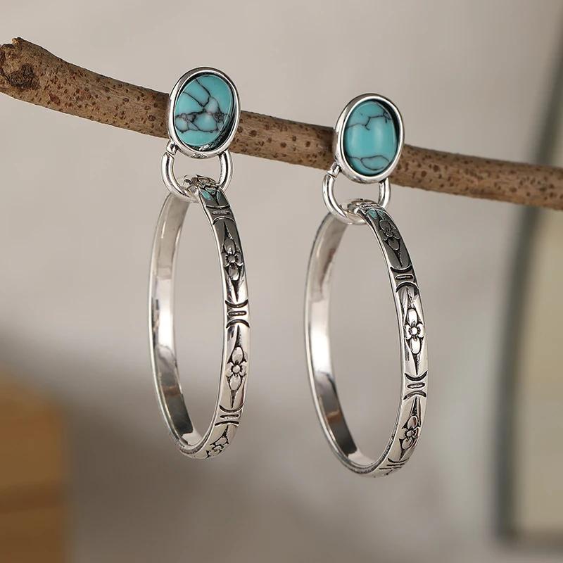 Винтажные красно-зеленые серьги-подвески в виде полых кругов из синтетической бирюзы для женщин, богемный стиль, с серебристым покрытием, праздничные украшения