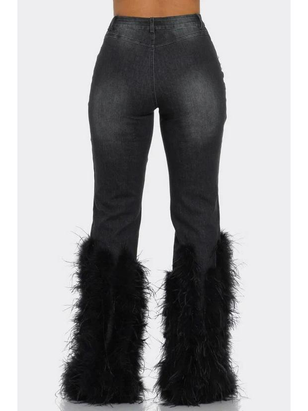 High Waist Distressed Pearl Feather Embellished Jeans