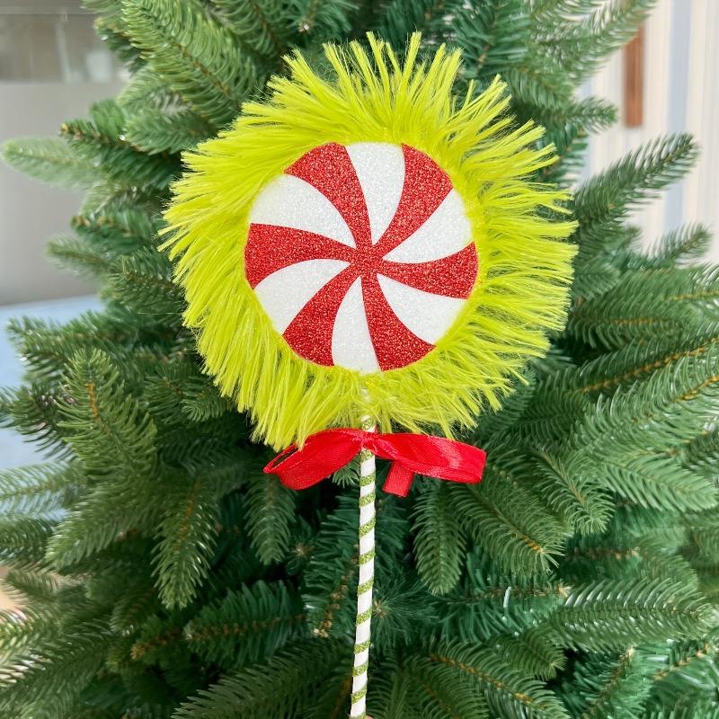 2PCS/SET Christmas Tree Picks Decorations, Polyester Plush Candy with Green & Red Lollipop, Festive Xmas Branch Ornaments
