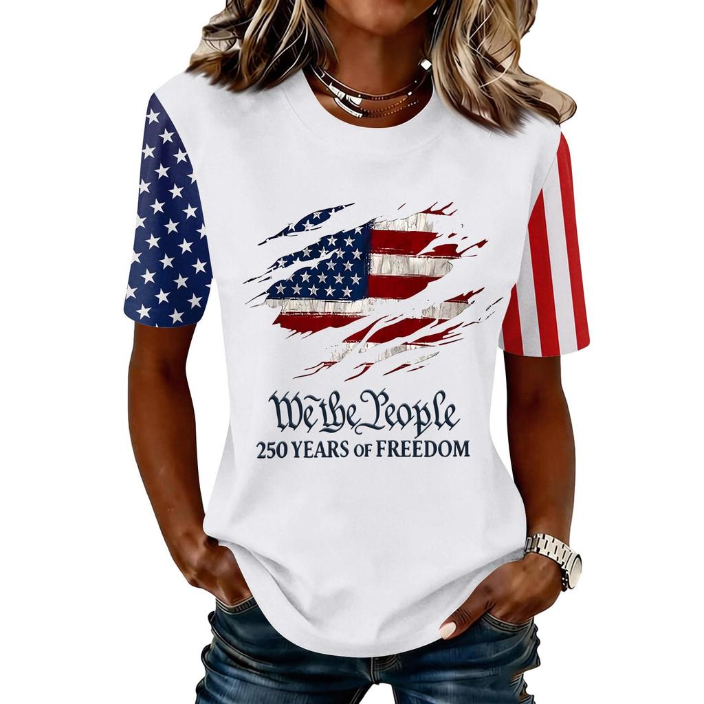 Blusa Feminina da Moda Casual de Manga Curta com Estampa e Gola Redonda