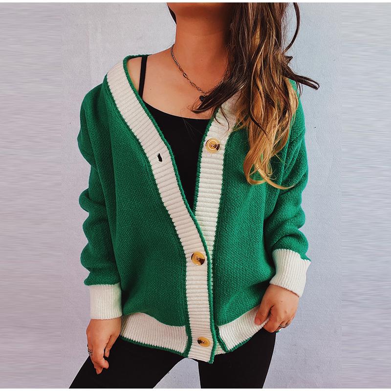 Knitted Cardigan Women V-neck Sweater Autumn Winter Single Breasted Coats Fashion Long Sleeve Panelled Casual Outerwear
