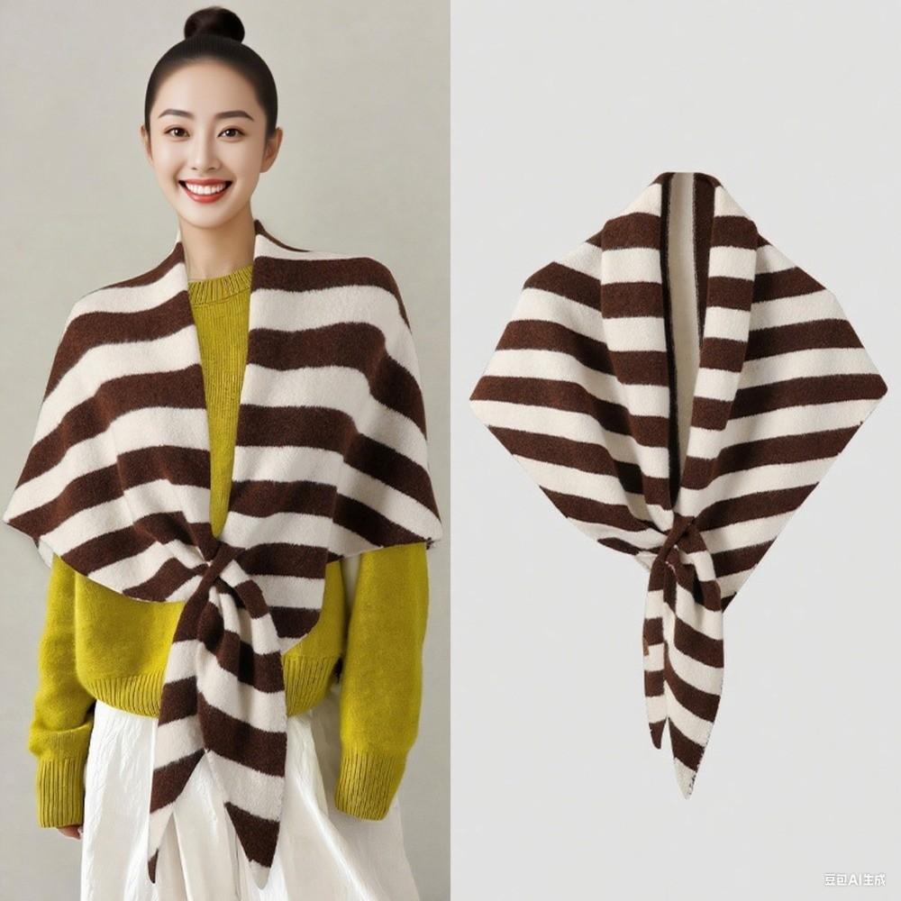 Wool Blended Women Shawl Striped Print Pashmina Wraps Elegant Triangle Scarf Fashion Accessory