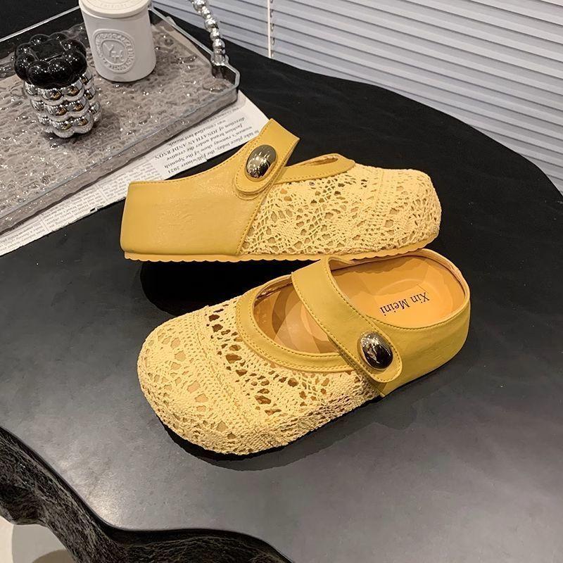 Inner heightening platform princess lace shoes women's 2025 autumn new slippers flat-bottomed sports and leisure mesh breathable semi-drag