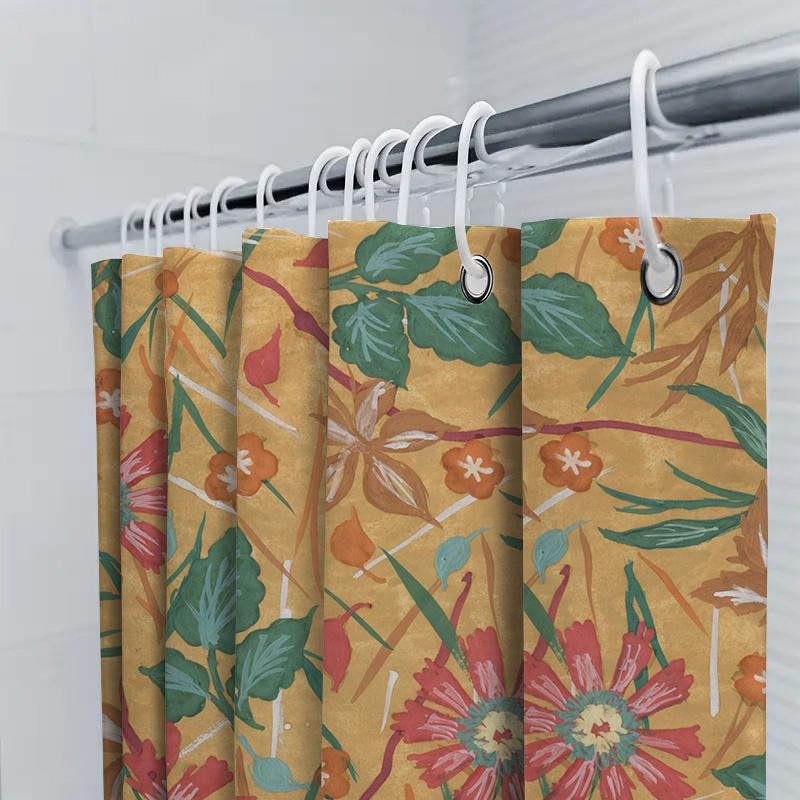 Floral Print Shower Curtain Bathroom Decor, Waterproof Fabric For Home Use, Water Absorbent, Flower Patterns In Green, Pink Yell